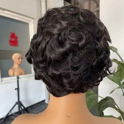 Big Wavy Frontal Pixie Cut Human Hair Wigs Transparent Full Lace 10inch