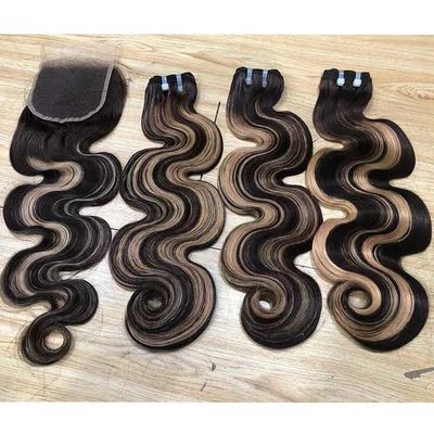 Wholesale Hair Vendors Super Double Drawn Human Hair Weaves Bundles , Highlight 12A Grade Body Wave Raw Cuticle Aligned