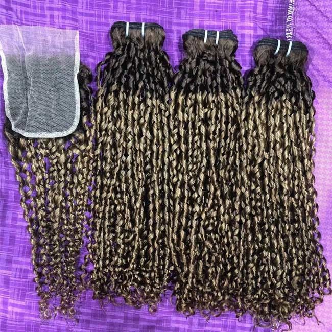 Brazilian Double Drawn Human Hair Pixie Funmi Bouncy Curls With Closure
